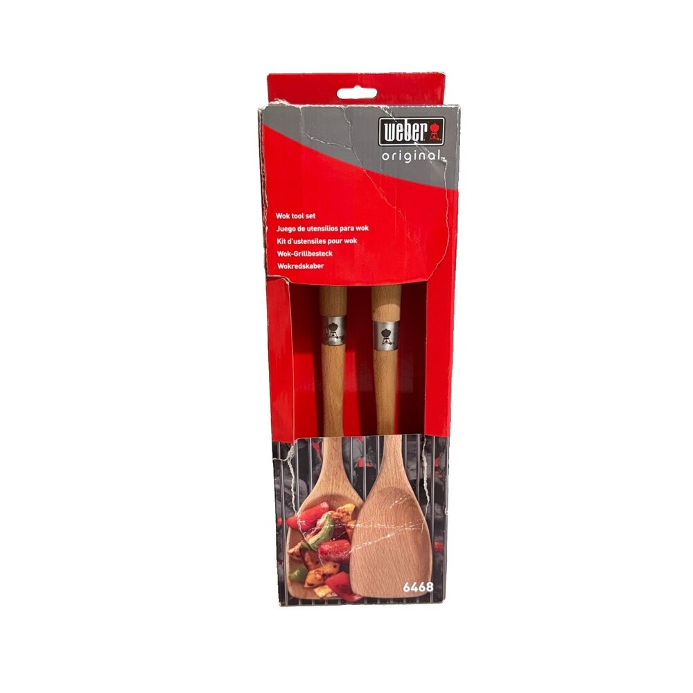 NEW 2011 Weber Original 6468 Wok Tool Set 2-Pc BBQ Utensils Grilling Beech Wood